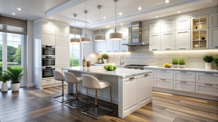 Modern illustration of White paint luxury kitchen with beautiful and complete interior and furniture in new house. generative AI.