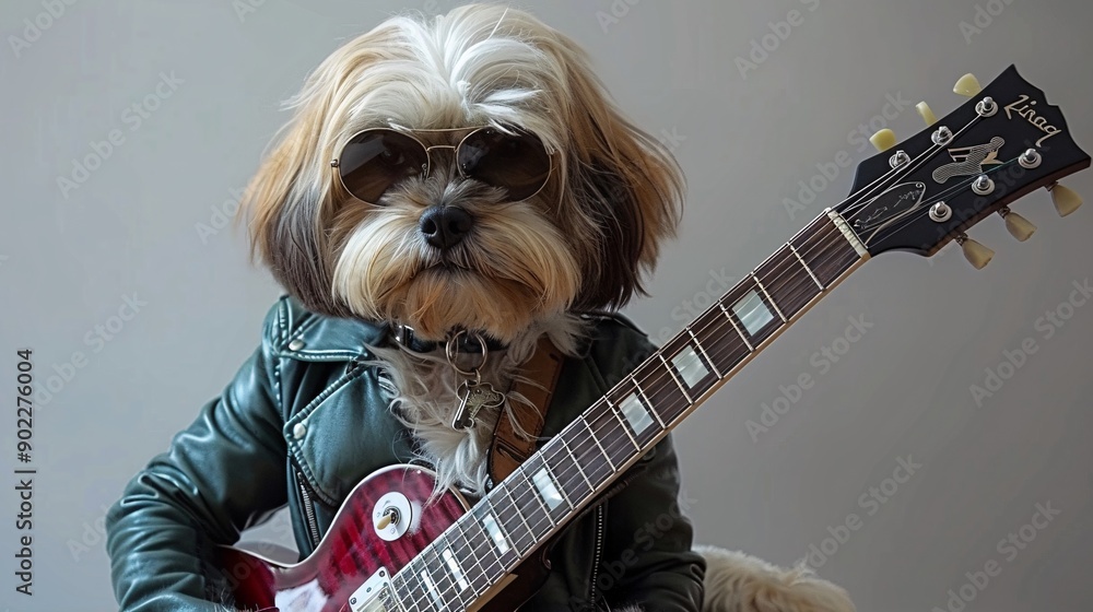 Poster dog playing a guitar while wearing a bright green leather jacket with stylish sunglasses ensuring th