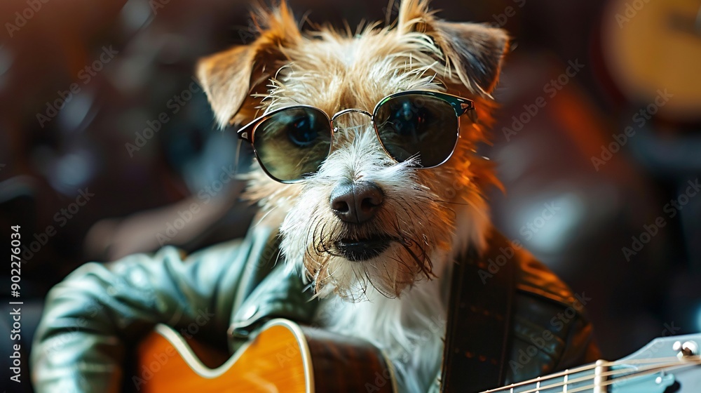 Poster dog playing a guitar while wearing a bright green leather jacket with stylish sunglasses ensuring th