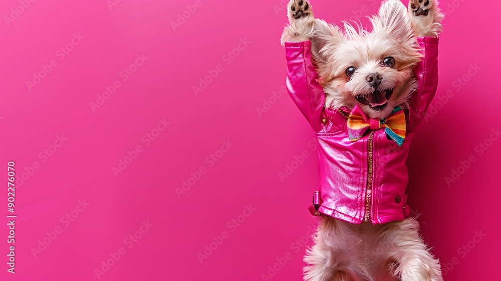 Aufkleber happy dog leaping joyfully in a vivid pink leather suit and colorful leather bowtie with significant