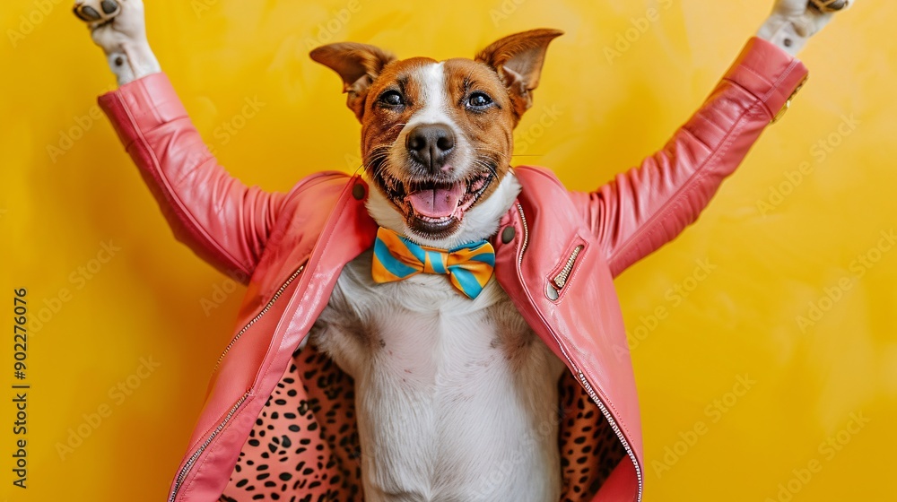 Poster happy dog leaping joyfully in a vivid pink leather suit and colorful leather bowtie with significant