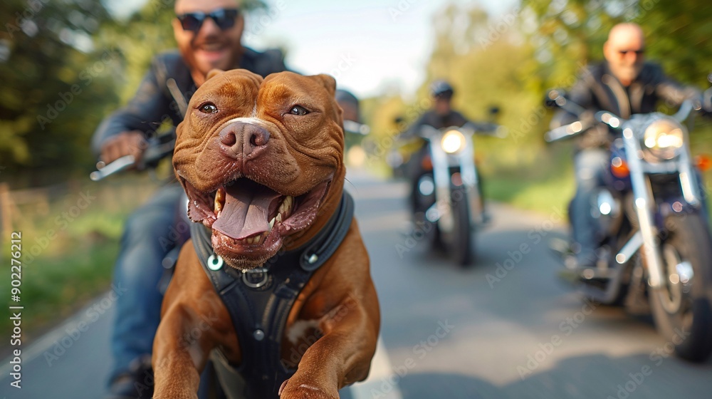 Poster smiling dog wearing a bright purple leather jacket and stylish sunglasses jumping energetically ensu