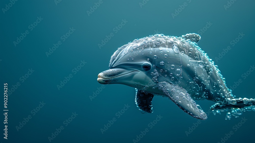 Poster surrealistic image of a dolphin made from plastic bottles and bags swimming through a murky ocean en