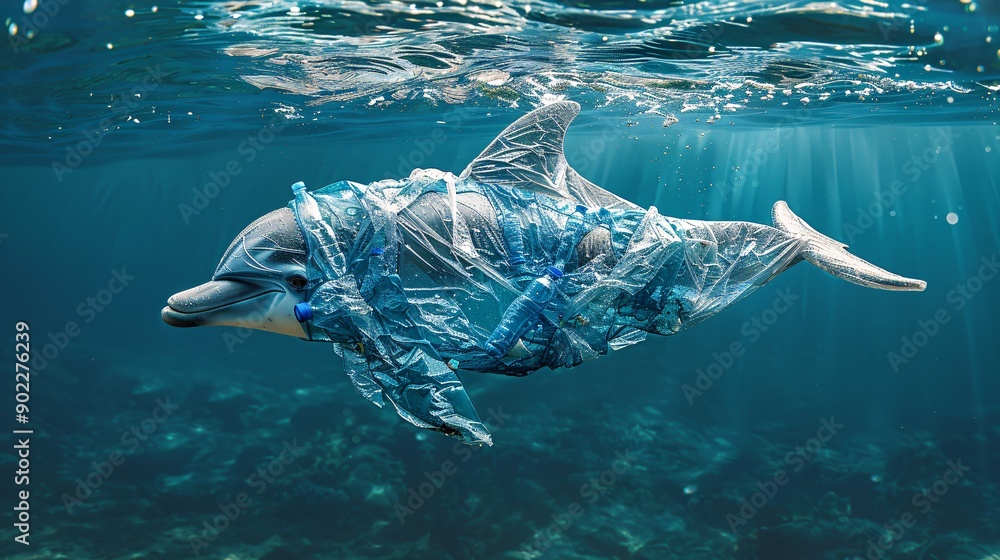 Poster surrealistic image of a dolphin made from plastic bottles and bags swimming through a murky ocean en