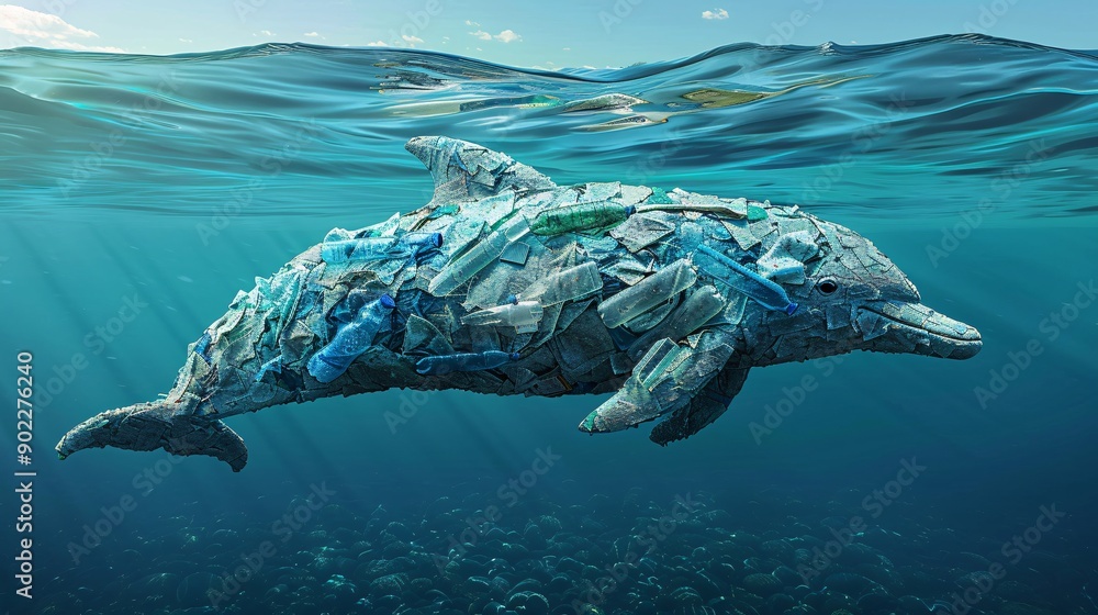 Poster surrealistic image of a dolphin made from plastic bottles and bags swimming through a murky ocean en