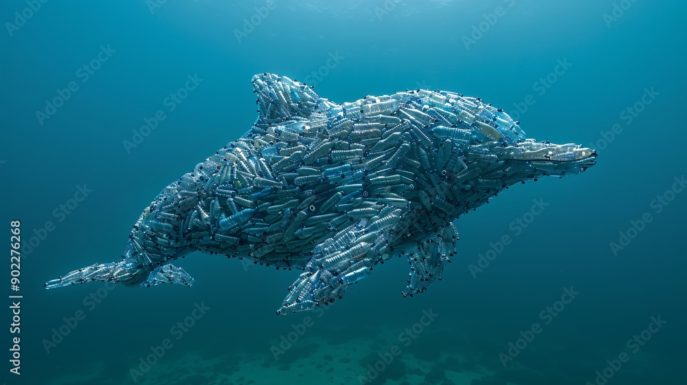 Poster surrealistic image of a dolphin made from plastic bottles and bags swimming through a murky ocean en