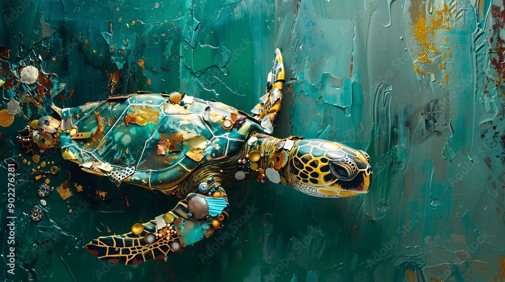 Poster detailed depiction of a sea turtle constructed from industrial runoff and metal scraps in a polluted