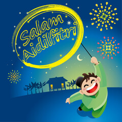 A boy and a girl are playing with fireworks during Raya festival celebration. With village scenery. The words "Salam Aidilfitri" means happy Hari Raya.