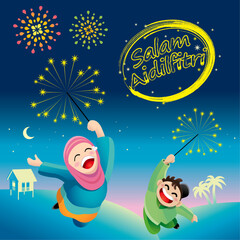 A boy and a girl are playing with fireworks during Raya festival celebration. With village scenery. The words 