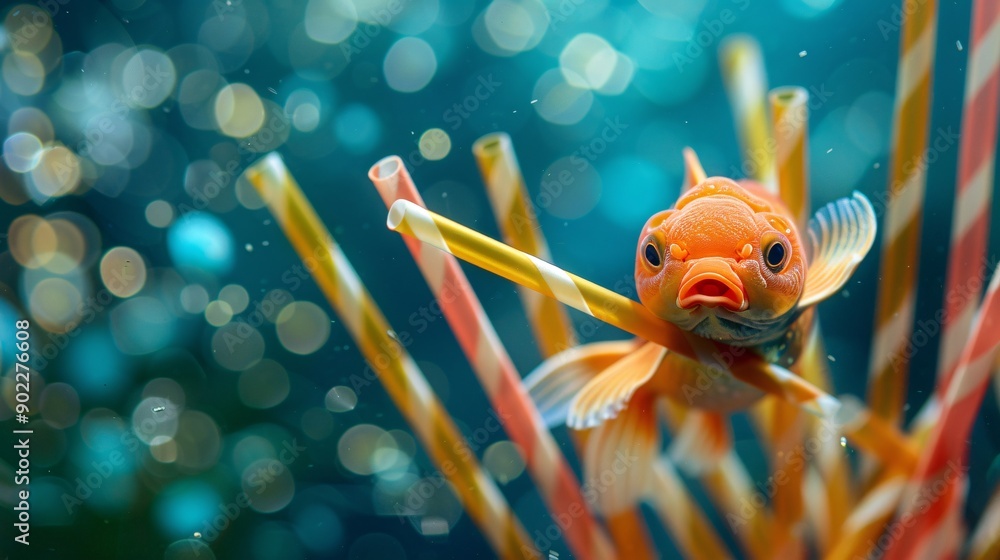 Aufkleber dreamlike image of a fish composed of plastic straws and microplastics floating in an eerie, contami