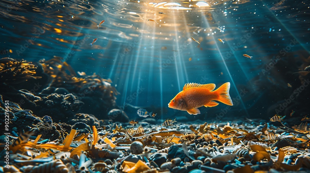 Poster Dreamlike image of a fish composed of plastic straws and microplastics floating in an eerie, contaminated water scene with significant empty space on the right side of the image Stock Photo with copy