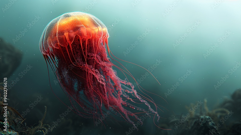 Poster surreal illustration of a jellyfish with tentacles made from rubber gloves and chemical waste in a h