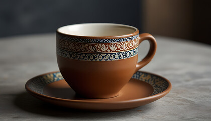 Fototapeta premium An artisan coffee cup on a stylish ceramic plate. with design and presentation, with space for descriptive text 