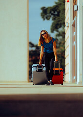 Tired Travel Woman Carrying her Heavy luggage. Exhausted tourist suffering from jet lag going on...