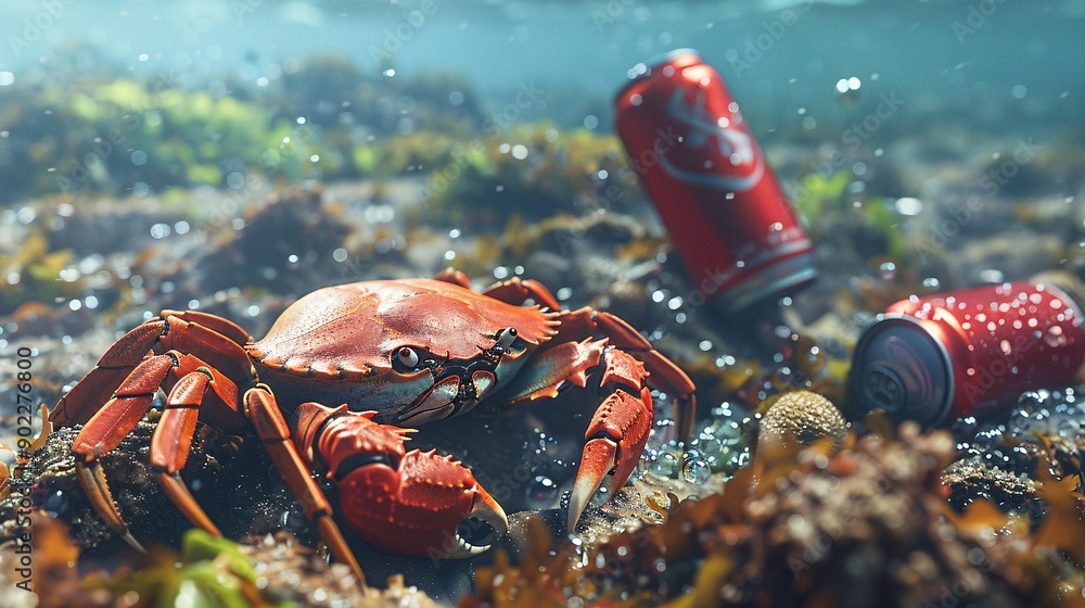 Aufkleber Eerie scene of a crab with claws made from broken glass and soda cans crawling on a polluted seabed with significant empty space on the right side of the image Stock Photo with copy space