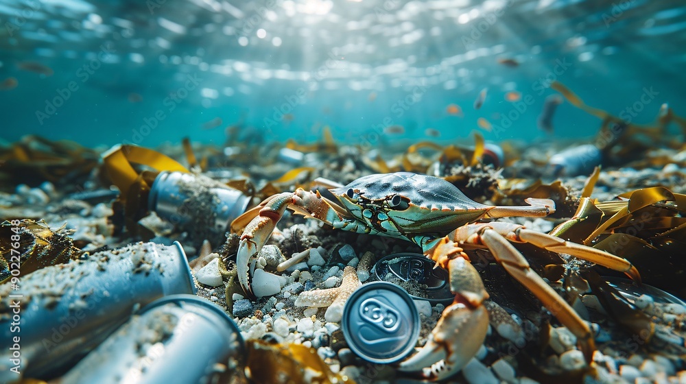 Aufkleber Eerie scene of a crab with claws made from broken glass and soda cans crawling on a polluted seabed with significant empty space on the right side of the image Stock Photo with copy space