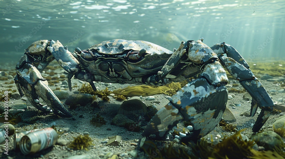 Aufkleber Eerie scene of a crab with claws made from broken glass and soda cans crawling on a polluted seabed with significant empty space on the right side of the image Stock Photo with copy space