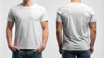 Crisp blank white t-shirt on isolated background, front and back views, perfect for graphic designs, logos, or text overlay, product mockup or e-commerce uses.