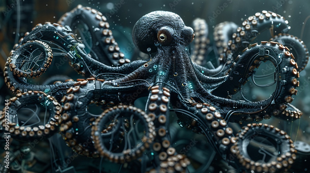 Poster High-resolution depiction of an octopus with tentacles formed from tangled wires and discarded electronics in a contaminated underwater scene ensuring significant empty space around the edges Stock