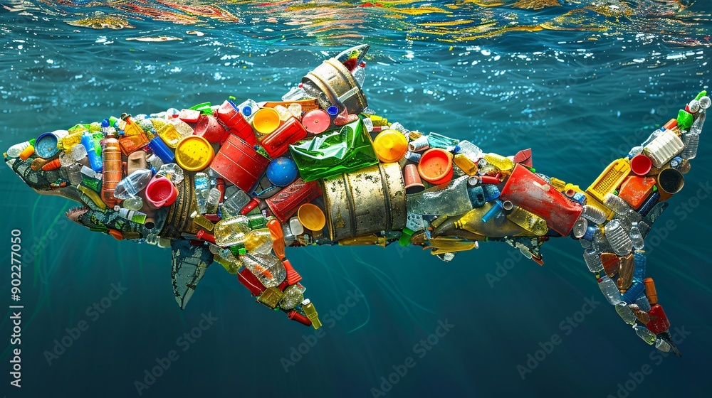 Aufkleber detailed image of a shark composed of chemical barrels and plastic packaging in a dark, polluted oce