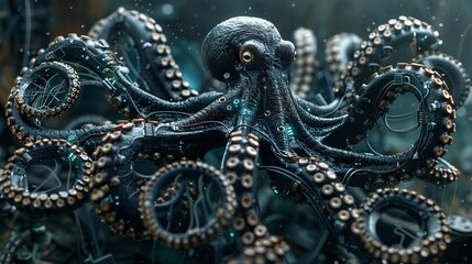 Obraz premium High-resolution depiction of an octopus with tentacles formed from tangled wires and discarded electronics in a contaminated underwater scene ensuring significant empty space around the edges Stock
