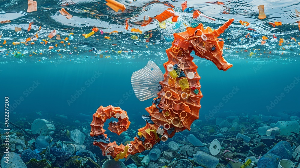 Poster surrealistic image of a seahorse made from colorful plastic debris and industrial waste floating thr