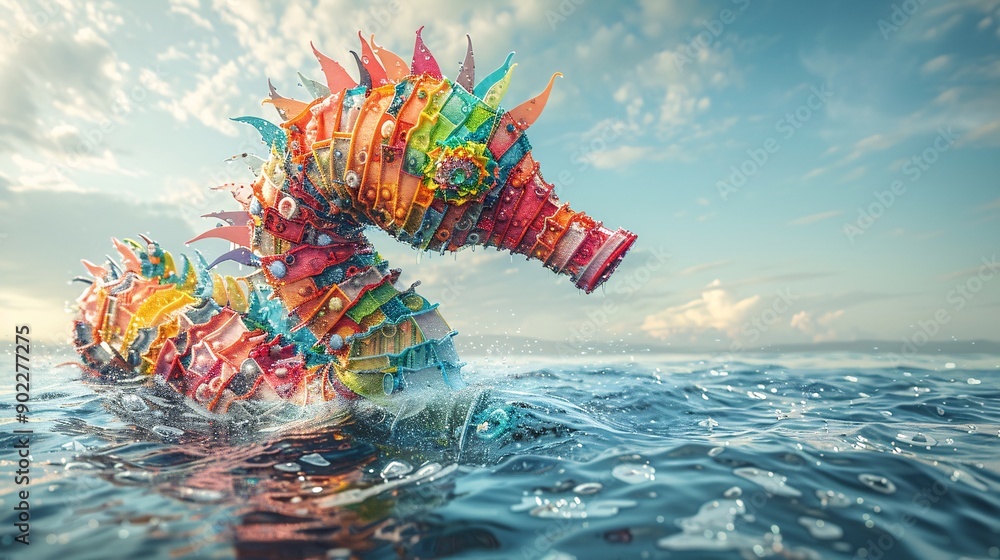 Poster surrealistic image of a seahorse made from colorful plastic debris and industrial waste floating thr