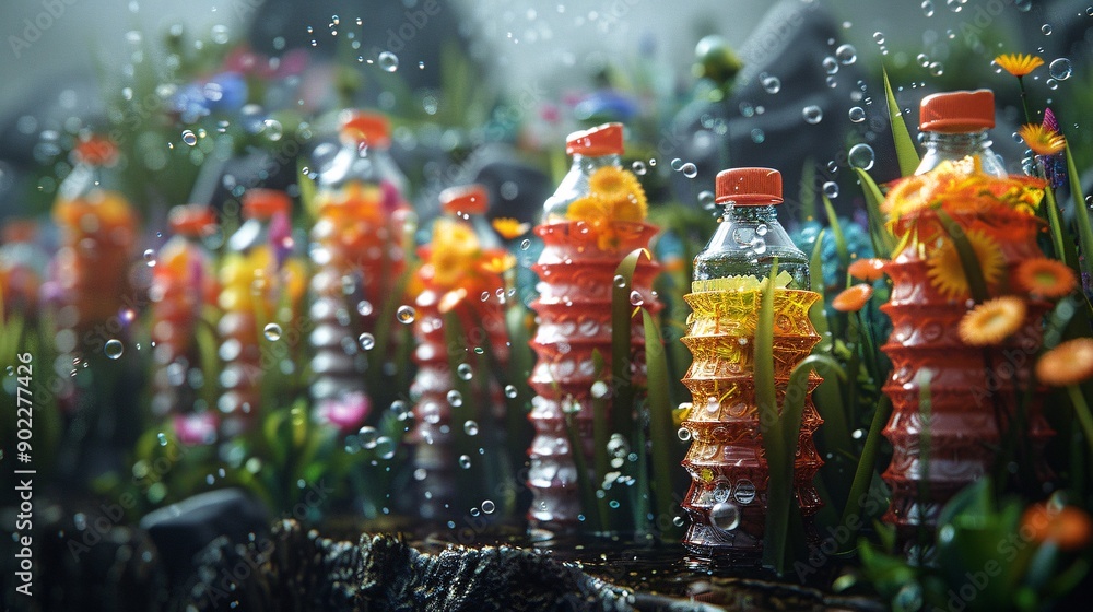 Aufkleber detailed depiction of a coral reef constructed from bottle caps and plastic utensils in a haunting u