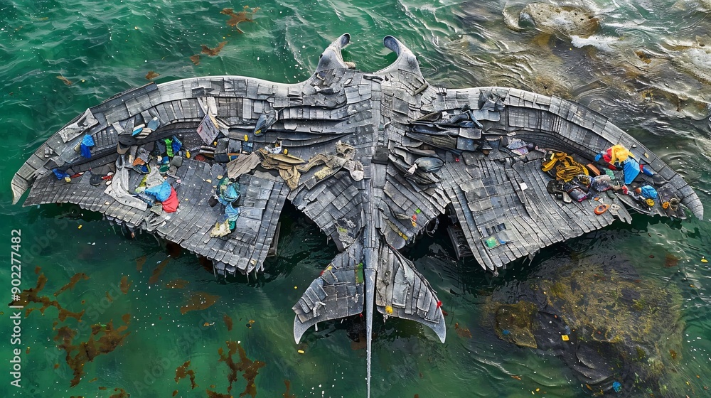 Poster high-resolution shot of a manta ray with wings made from discarded fabrics and chemical waste swimmi