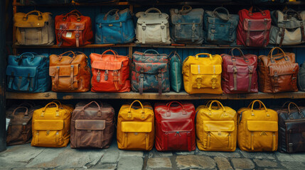 A row of leather bags of various colors and sizes. The bags are displayed on a shelf, with some of them being yellow and others being brown. Concept of luxury and sophistication