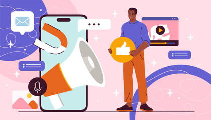 Man with digital news. Young guy with thumb button near smartphone. Newspaper on internet. Person with headlines and announcement. Flat vector illustration isolated on pink background