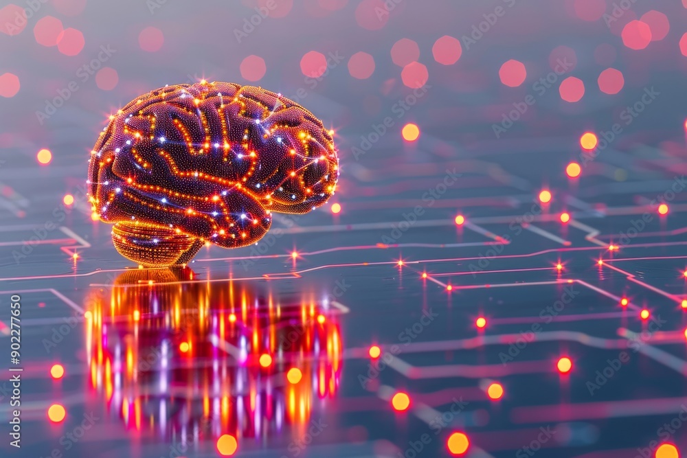 Poster advanced digital brain model with glowing circuit connections