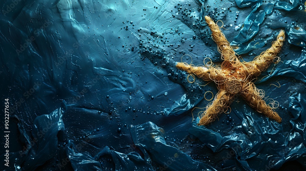 Poster Dreamlike image of a starfish composed of plastic rings and fishing line resting on a polluted ocean floor with significant empty space on the right side of the image Stock Photo with copy space