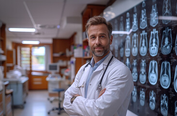 Fototapeta premium A man in a white lab coat stands in front of a wall of medical images. He is wearing a stethoscope and he is a doctor