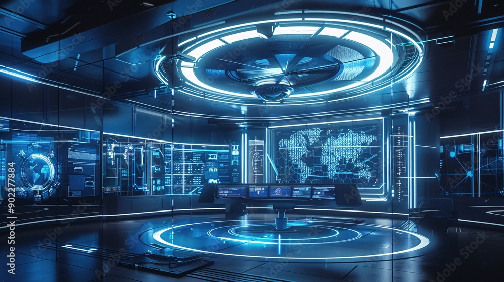 Poster futuristic concentration hub with bioluminescent focus zones and holographic productivity tools for 