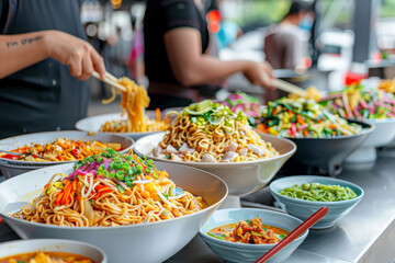 Obraz premium Noodle bar. A variety of delicious dishes are on display at a noodle bar.