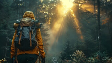 Fototapeta premium Backpacker in a Dense Forest: Illustrate a solo backpacker walking through a dense, misty forest, with rays of sunlight filtering through the trees. Emphasize the sense of exploration and connection