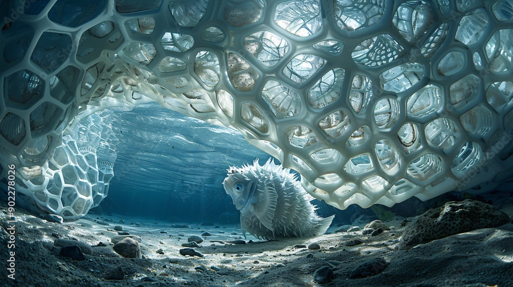 Poster high-detail capture of a pufferfish constructed from rubber tires and plastic fragments floating thr