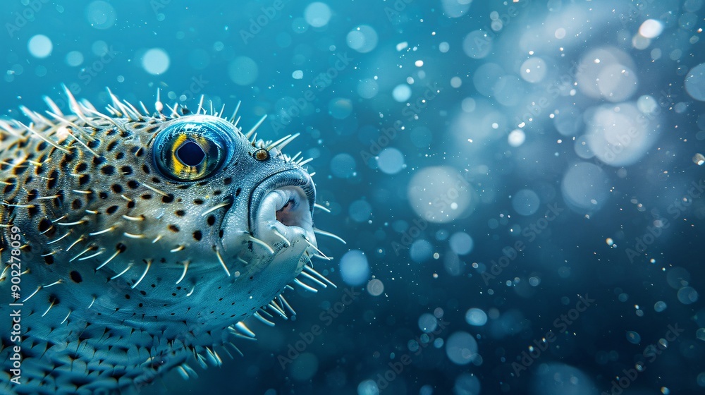 Poster high-detail capture of a pufferfish constructed from rubber tires and plastic fragments floating thr