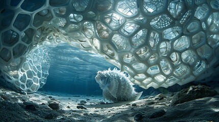 High-detail capture of a pufferfish constructed from rubber tires and plastic fragments floating through a dark, polluted sea ensuring significant empty space around the edges Stock Photo with copy