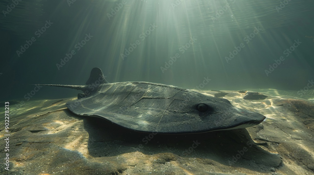 Poster eerie scene of a stingray with a body formed from oil drums and chemical runoff swimming near the se