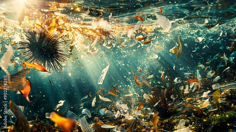 Poster detailed image of a sea urchin composed of broken glass and plastic shards in a haunting underwater 