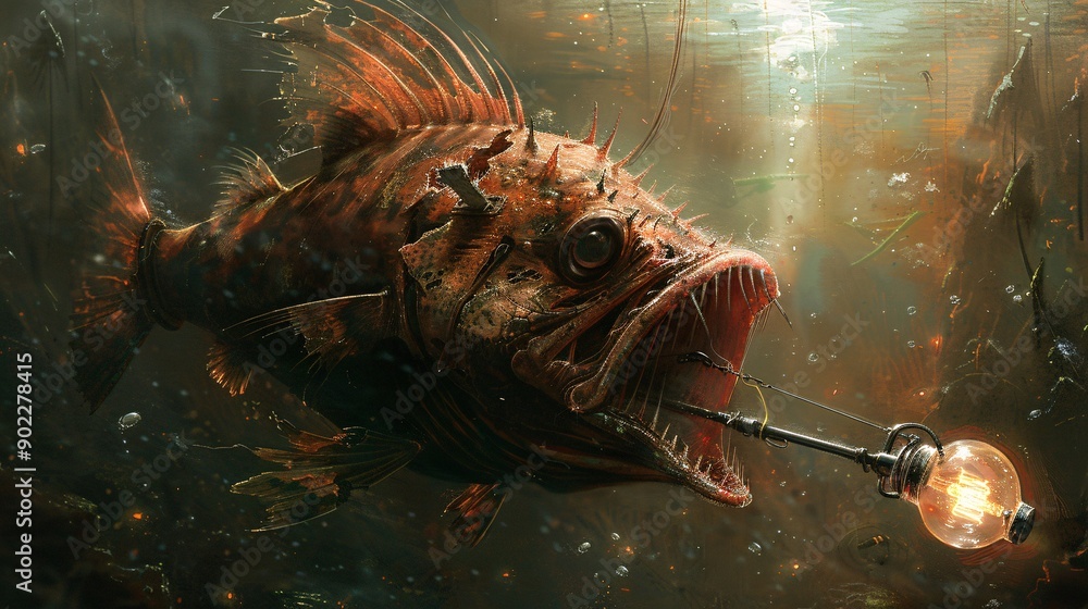 Aufkleber high-resolution depiction of an anglerfish with a lure made from discarded light bulbs and metal scr