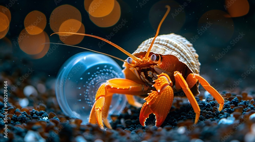 Aufkleber Surrealistic image of a hermit crab using a plastic bottle cap as its shell in a contaminated seabed with significant empty space on the right side of the image Stock Photo with copy space