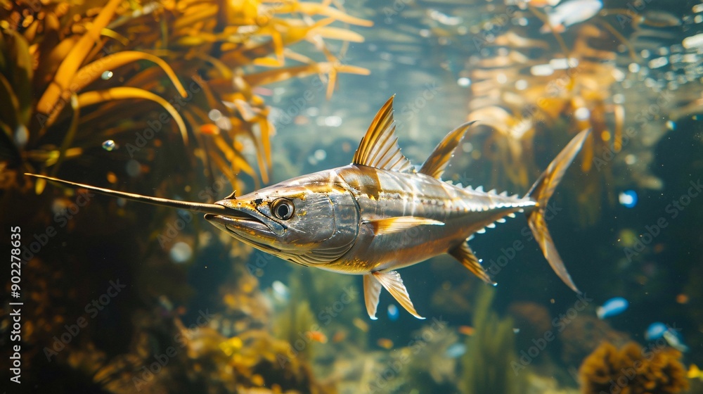 Poster detailed depiction of a swordfish with a bill made from metal rods and plastic waste in a murky unde