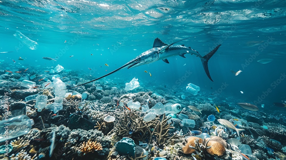 Poster detailed depiction of a swordfish with a bill made from metal rods and plastic waste in a murky unde