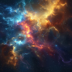 A colorful space scene with a blue, red, and yellow cloud. The colors are vibrant and the clouds are swirling, creating a dynamic and energetic atmosphere
