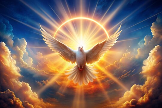 Vibrant digital illustration of a fiery dove descending upon a bright halo surrounded by shimmering rays of light and gentle wisps of cloud.