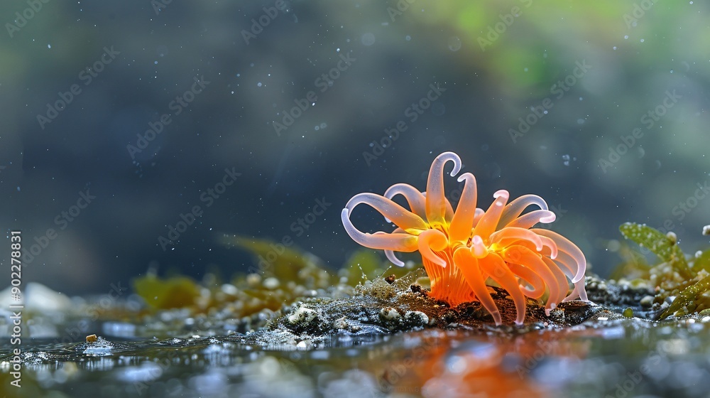 Poster high-resolution shot of a sea anemone composed of colorful plastic strips and chemical waste in a da