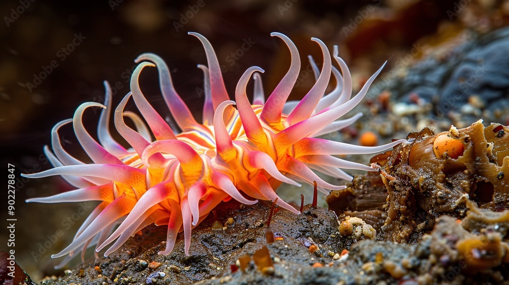 Poster high-resolution shot of a sea anemone composed of colorful plastic strips and chemical waste in a da